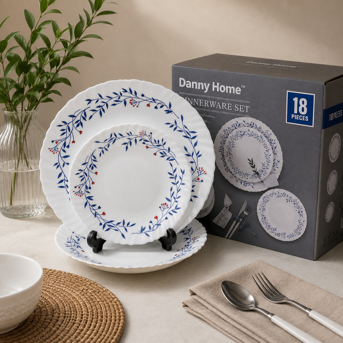 Danny Home Blue Vine 18-Piece Ceramic Dinner Set