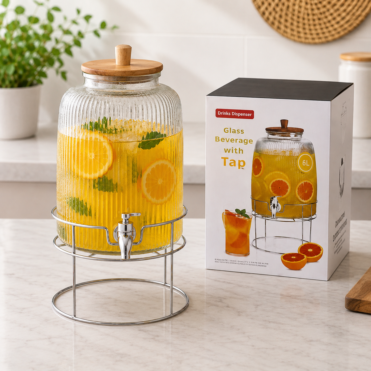 Danny Home 6L Ribbed Glass Drinks Dispenser with Wooden Lid & Metal Stand