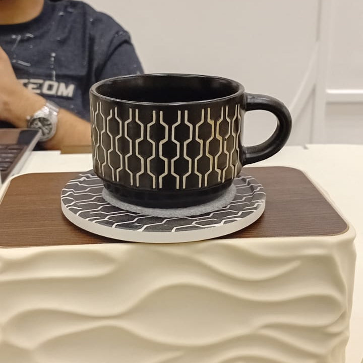 Danny Home Ceramic 12-Piece Black Honeycomb Pattern Cup & Saucer Set