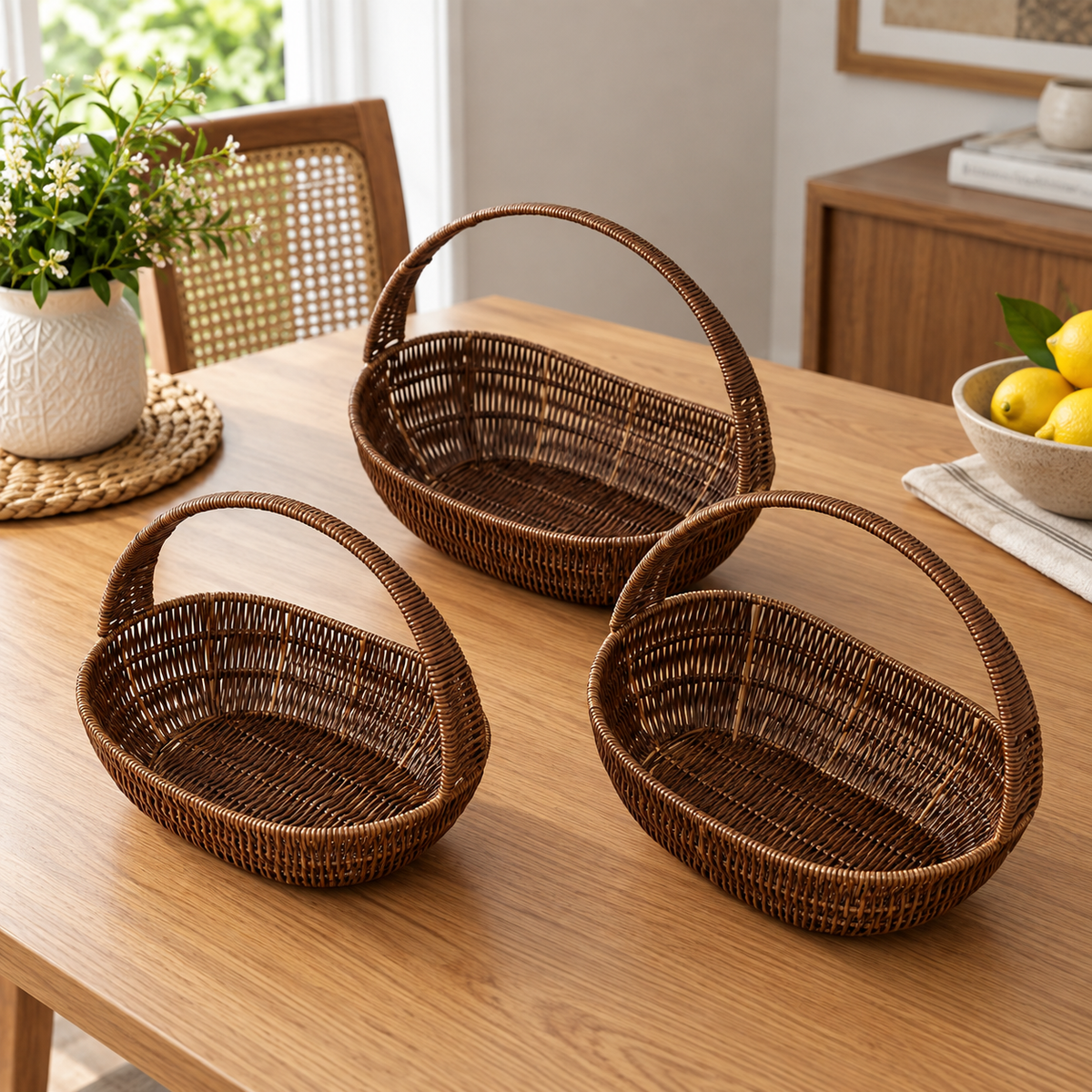 Classic Brown Woven Basket Tray Set – 3 Pcs