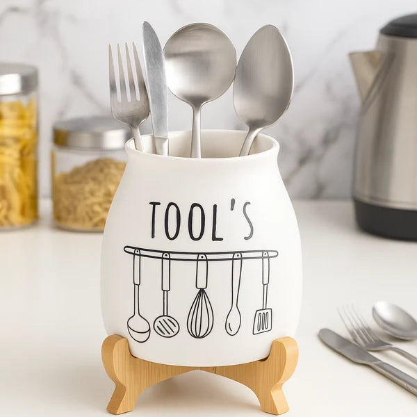 Premium Porcelain Cutlery Holder with Bamboo Stand