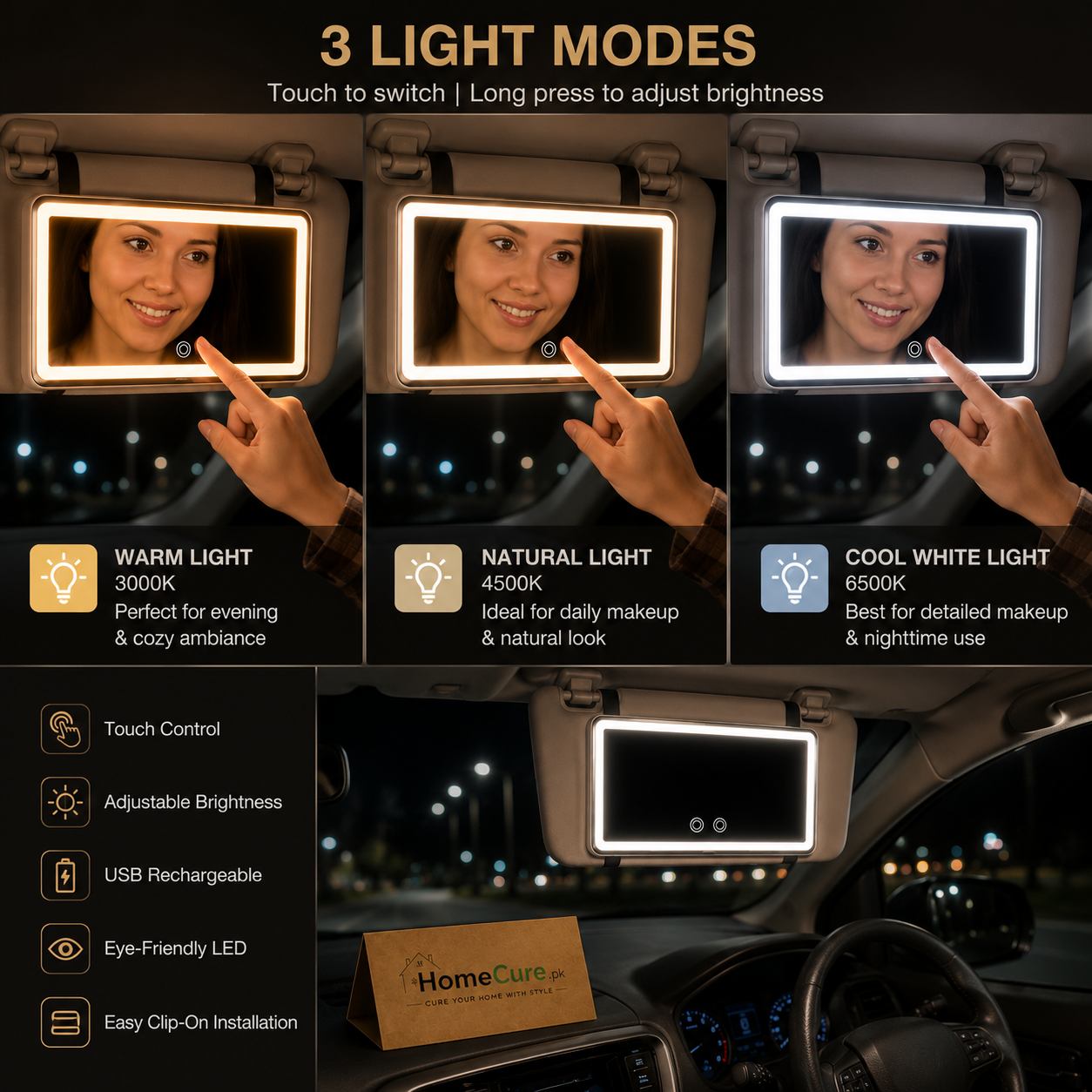 LED Car Sun Visor Vanity Mirror with Touch Light | USB Rechargeable Makeup Mirror | Universal Car Mirror for Women