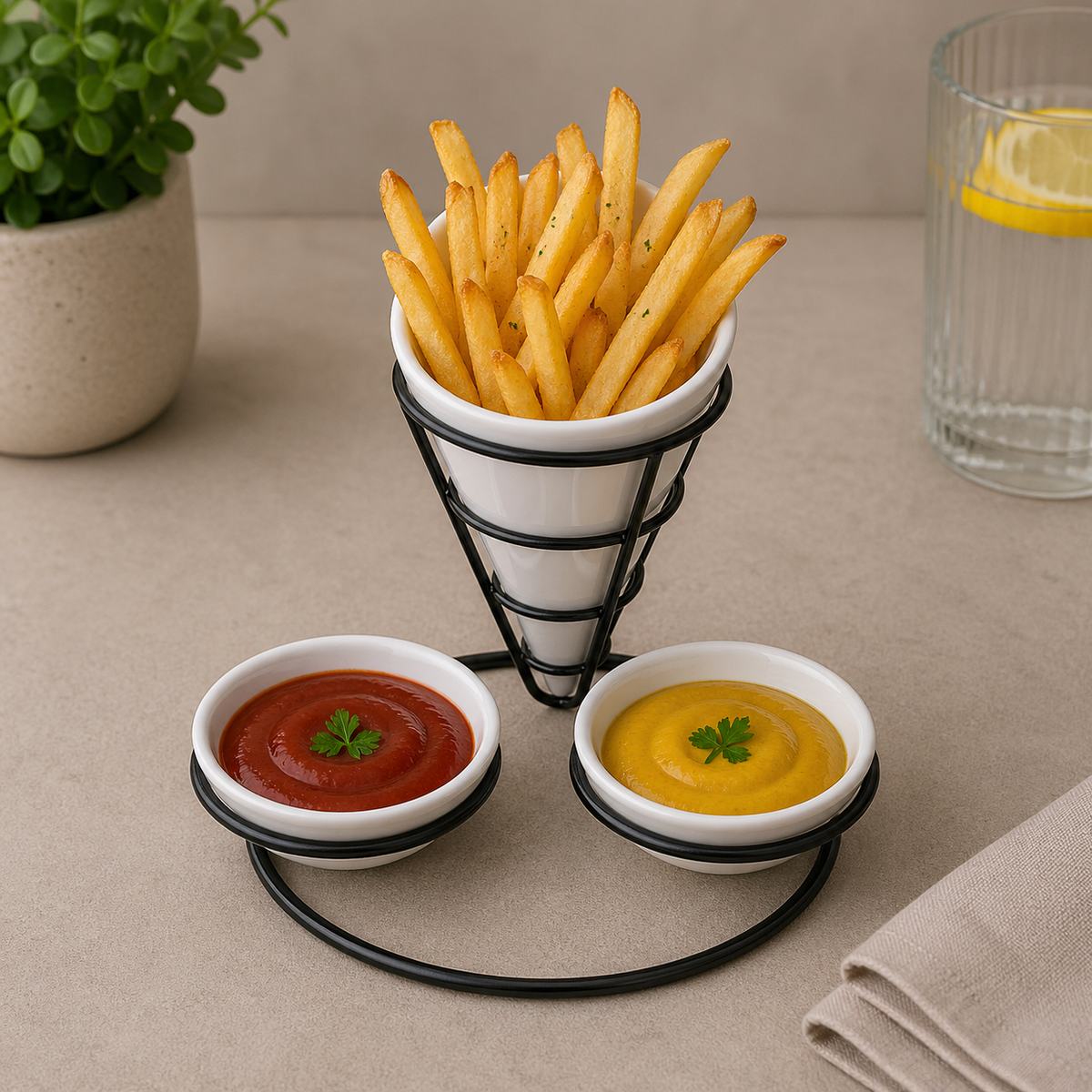 Brilliant Fries Holder with Dual Dip Bowls