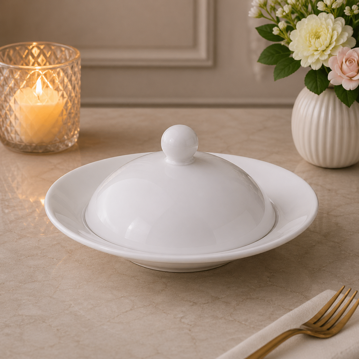 Brilliant Covered Serving Dish with Candle Stand