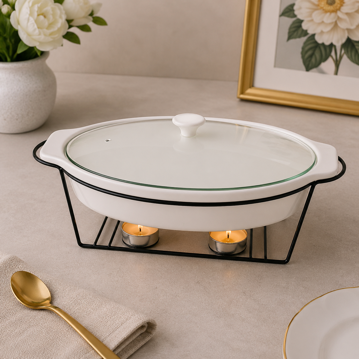 Brilliant 17-Inch Oval Ceramic Chafing Dish with Metal Candle Stand
