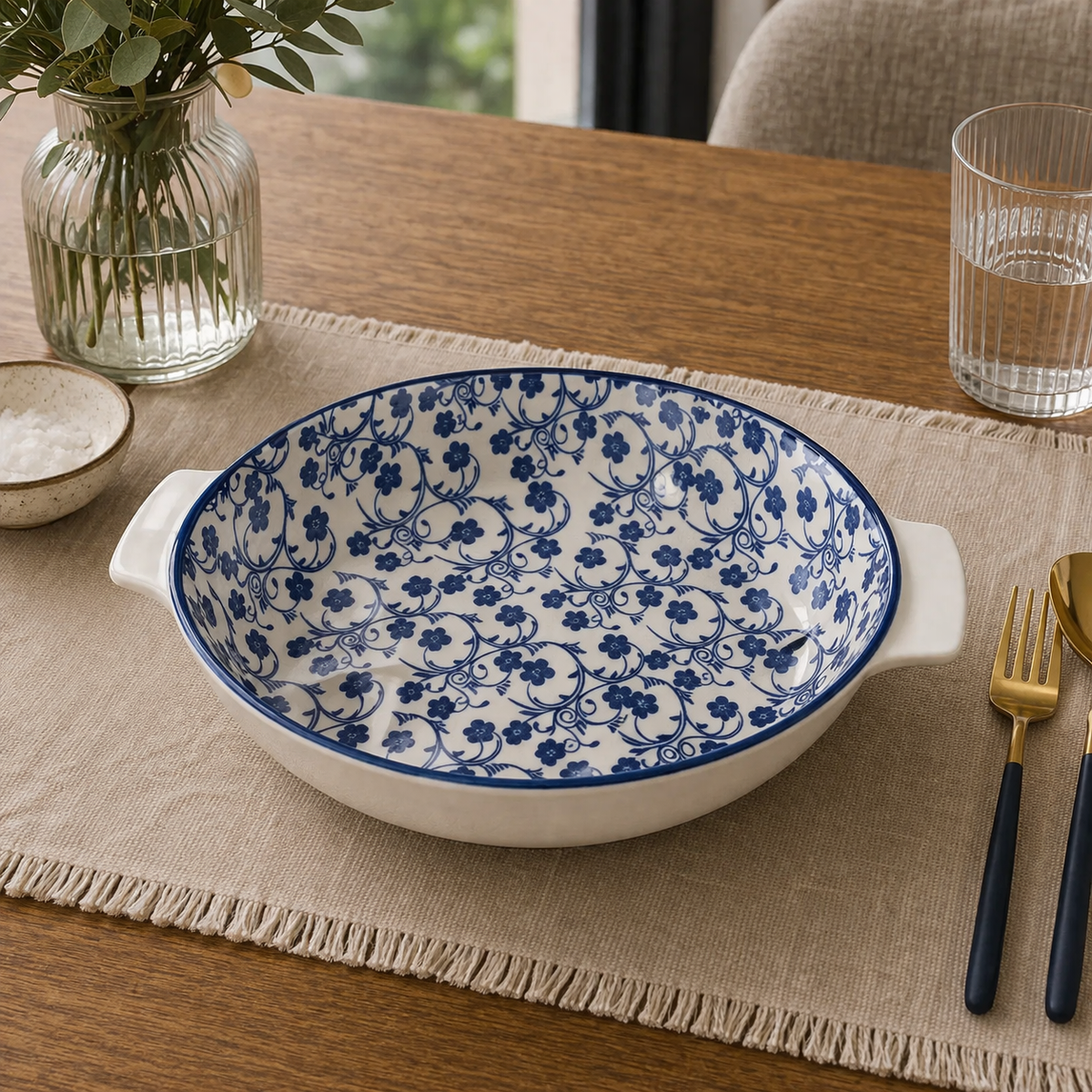 Danny Home Premium 11" Round Porcelain Bowl – Blue Flower Classic Design