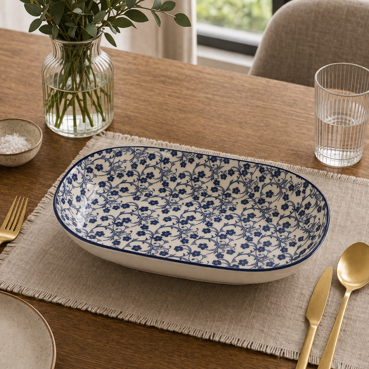 Danny Home Premium 12" Oval Porcelain Serving Plate – Blue Floral Classic Design