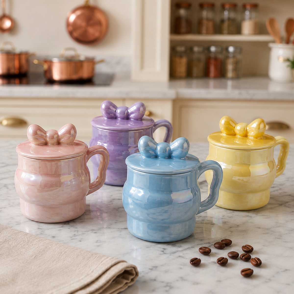 Cute Ceramic Coffee Mug with Lid and Bow Design
