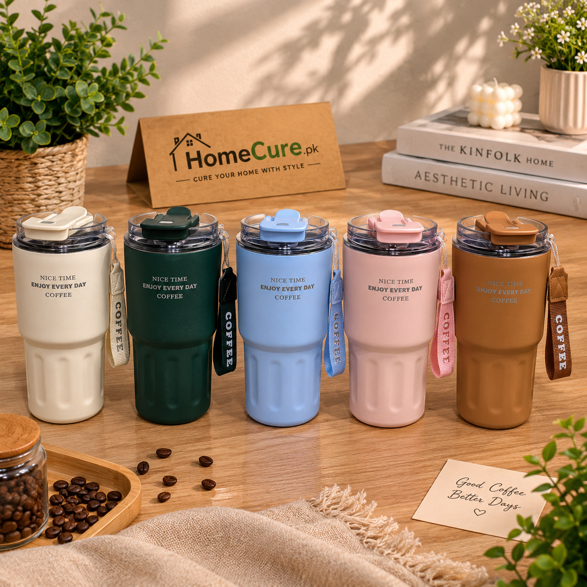 Stainless Steel Coffee Travel Mug with Strap & Secure Lid - 480ml
