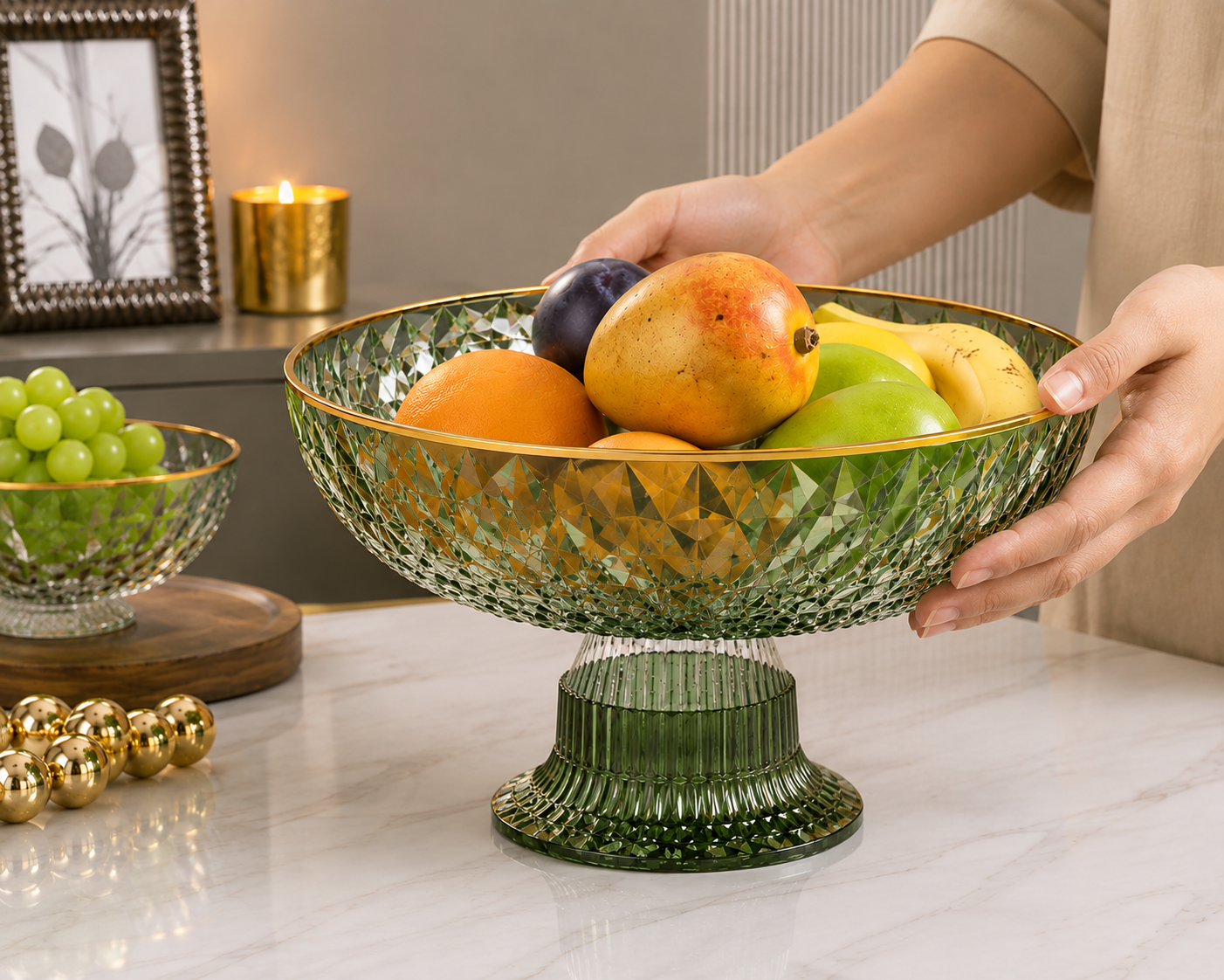 Luxury Acrylic Crystal Fruit Bowl with Gold Rim & Pedestal | Multi-Purpose Serving Bowl