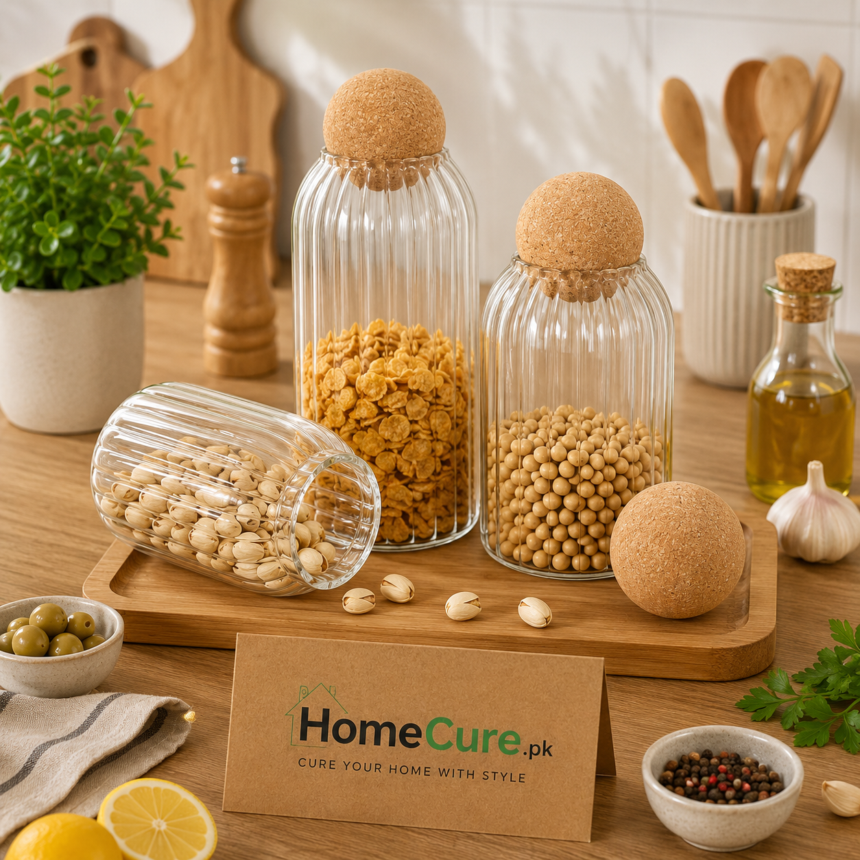 Ribbed Glass Storage Jar with Cork Lid | Airtight Kitchen Storage Container