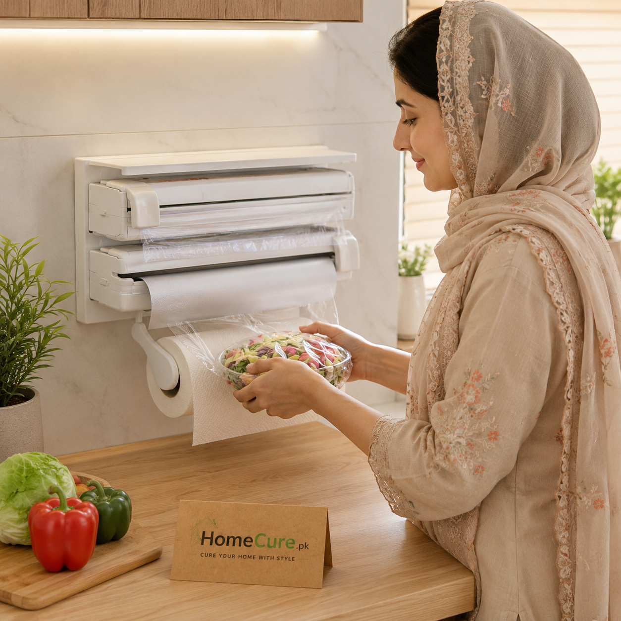 3-in-1 Wall Mounted Kitchen Wrap Dispenser & Paper Towel Holder | Foil, Cling Film & Tissue Organizer