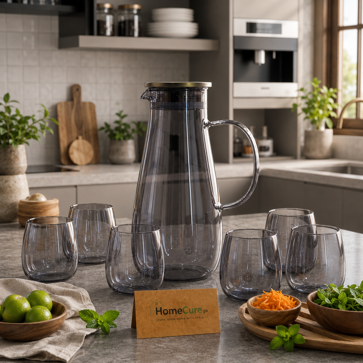 Premium Heat Resistant Glass Water Jug with 6 Glasses Set | 1.8L Cold & Hot Beverage Pitcher