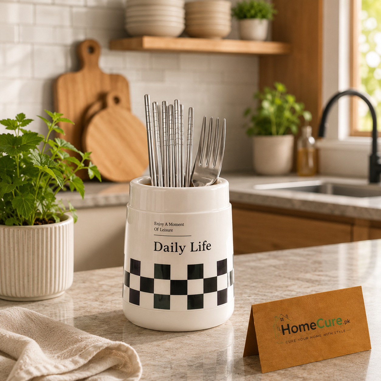 Modern Cutlery Holder | Kitchen Utensil Organizer | Countertop Spoon & Fork Storage Cup