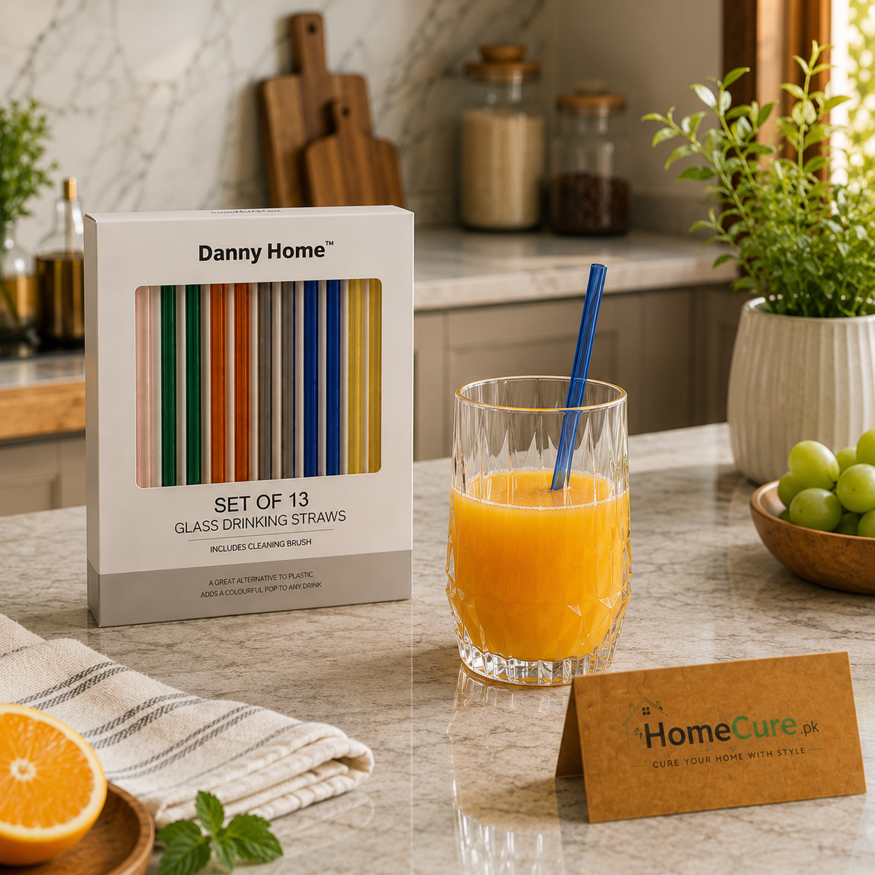 Danny Home™ 13-Piece Reusable Glass Drinking Straws Set with Cleaning Brush - 20cm
