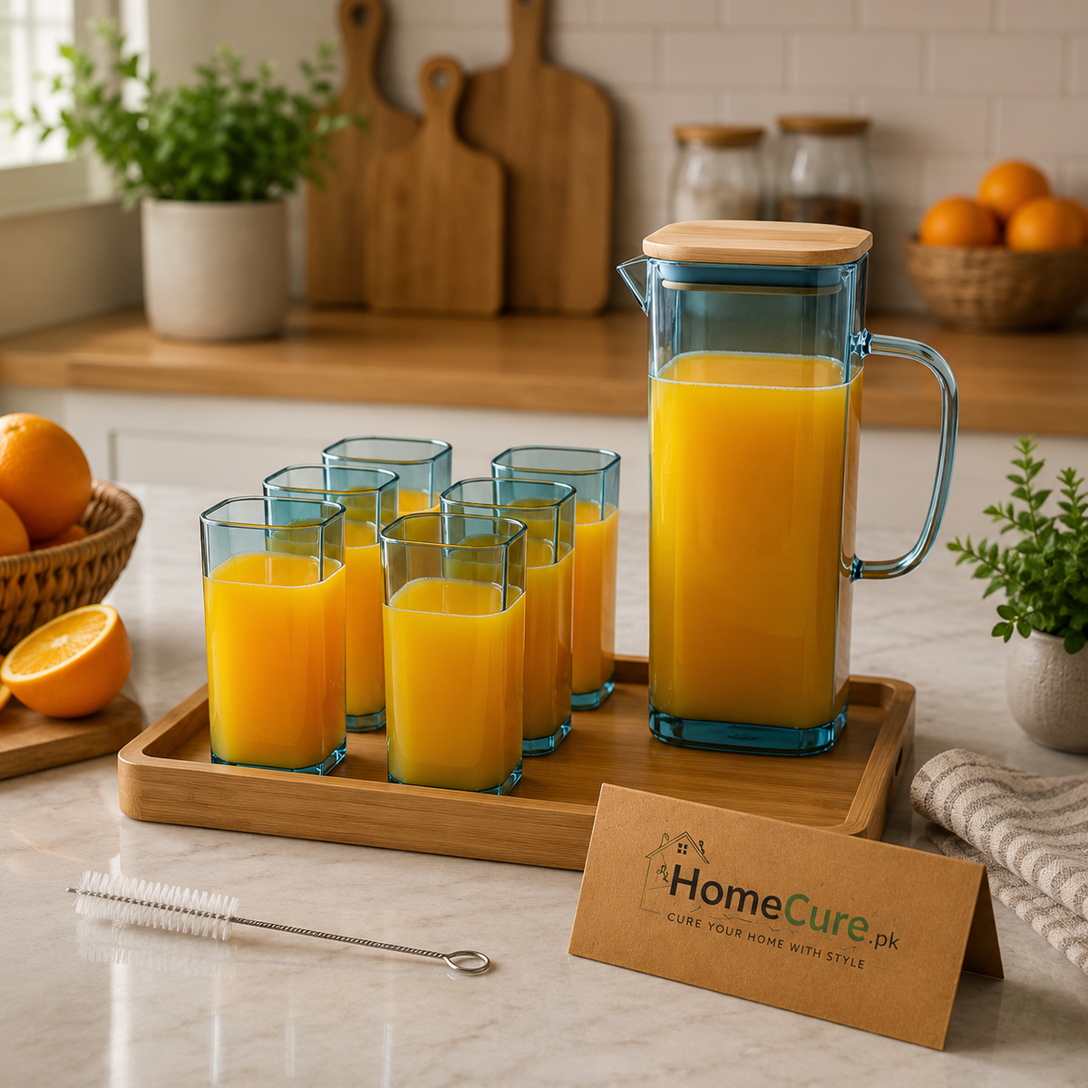 Premium 7-Piece Square Glass Water Jug & Tumbler Set with Bamboo Lid – 1.8L