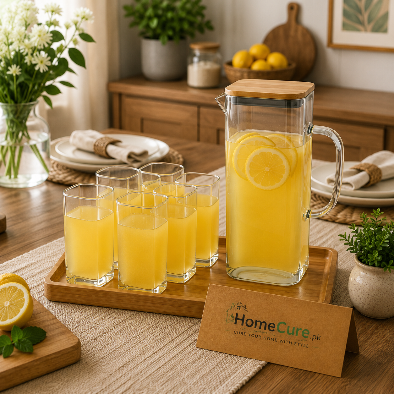 Premium 7-Piece Square Glass Water Jug & Tumbler Set with Bamboo Lid – 1.8L