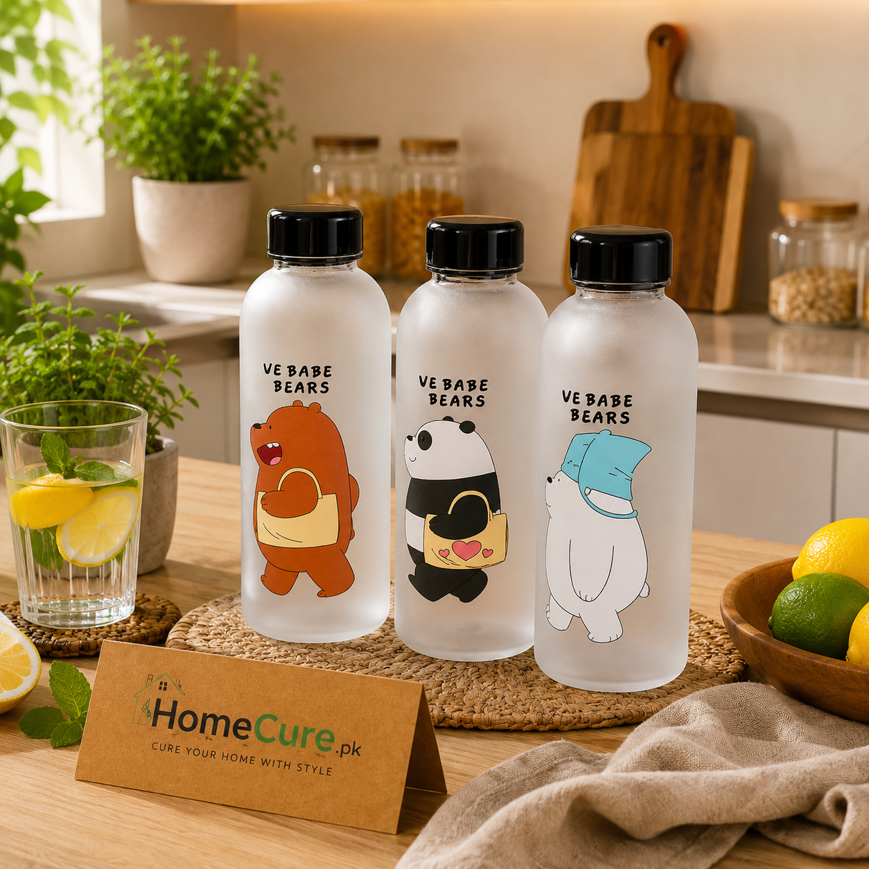 We Bare Bears Frosted Plastic Water Bottle with Double Cap & Straw | Leakproof Reusable Bottle