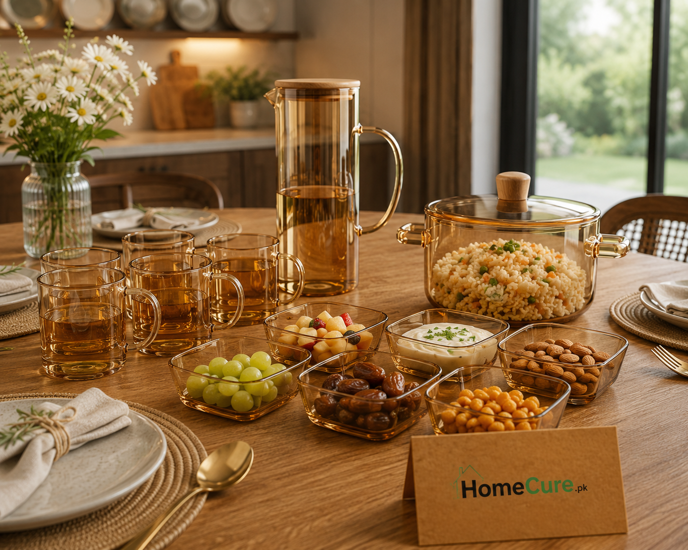 14 Pcs Square Cool Amber Glass Serving Set | 6 Mugs, Jug, 6 Bowls & Cooking Casserole