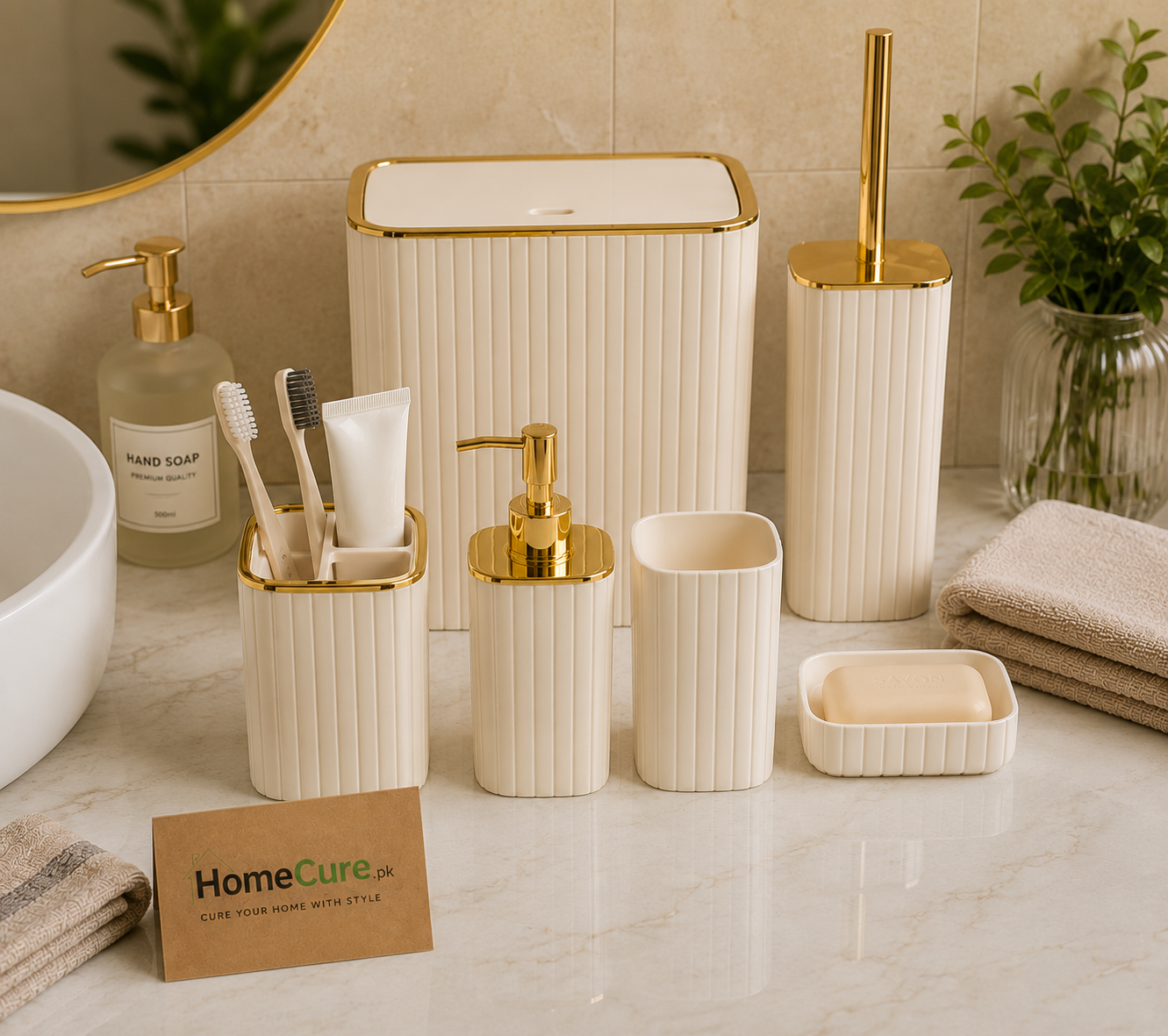 6-Piece Luxury White Bathroom Accessories Set with Gold Trim | Soap Dispenser, Tissue Box, Toilet Brush & Toothbrush Holder