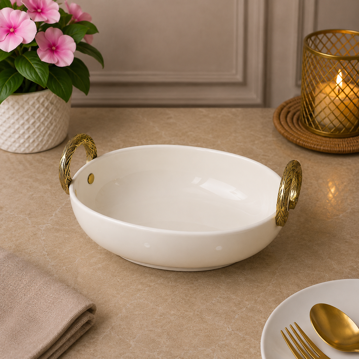 Brilliant Golden Harmony 10.25" Oval Ceramic Bowl with Ceramic Handles