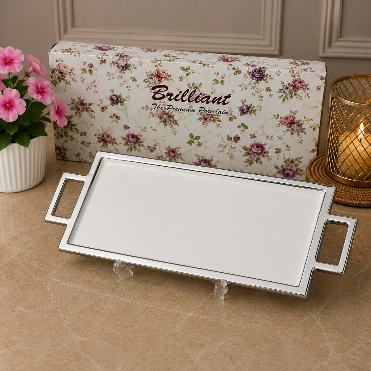 Brilliant Silver Prestige 18" Ceramic 2-Handle Strip Plate