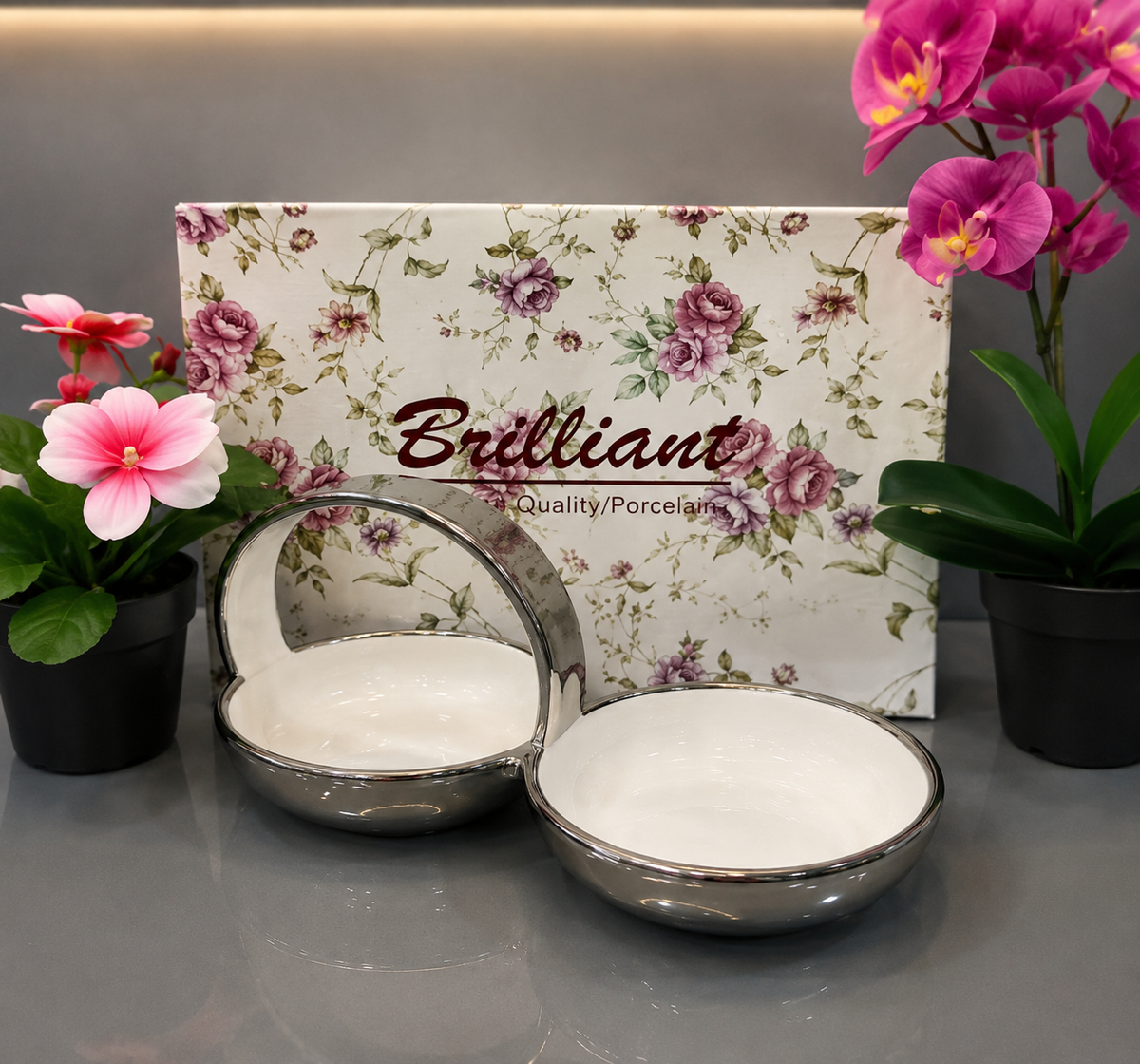 Brilliant Silver Nest 10.5" Ceramic Snack Bowl Set with Ceramic Handle