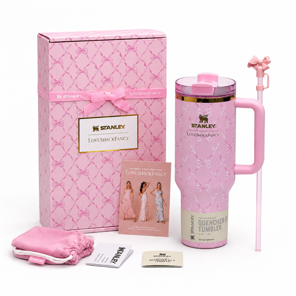 Stanley x LoveShackFancy 40oz Quencher H2.0 FlowState Tumbler – Baby Bow Pink Peppermint