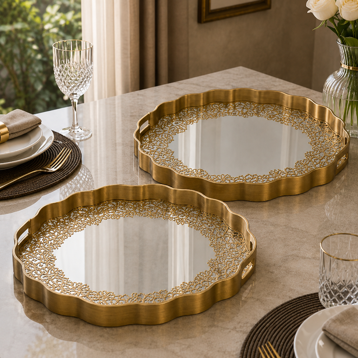 Angela Luxury Gold Floral Cutwork Metal Serving Tray Set