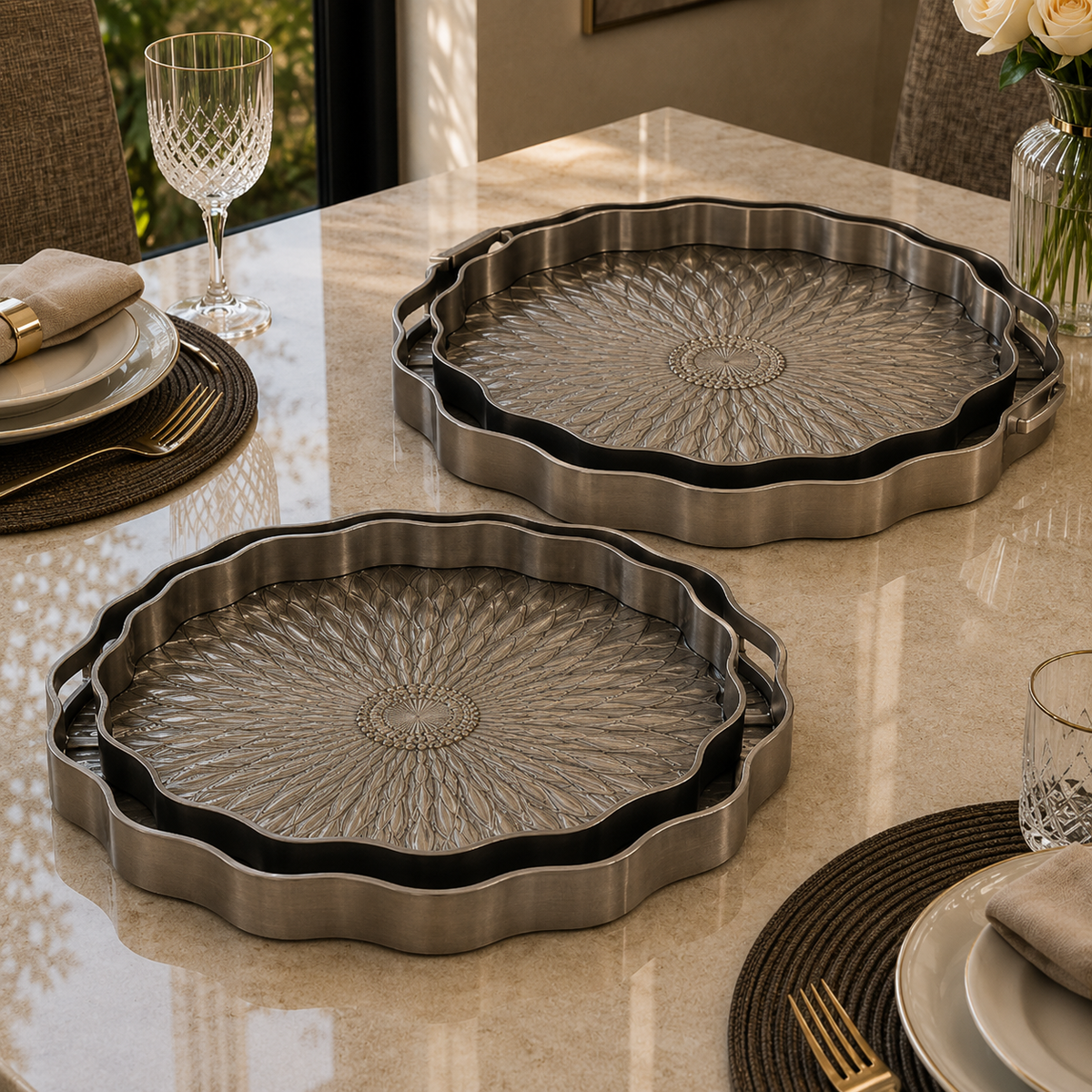 Angela Elegant Silver Embossed Metal Serving Tray Set