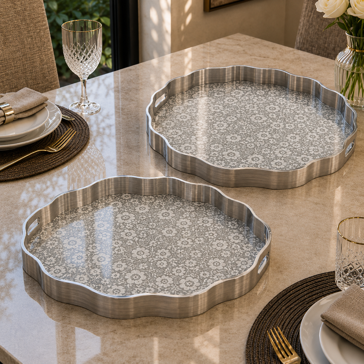 Angela Elegant Silver Floral Metal Serving Tray Set