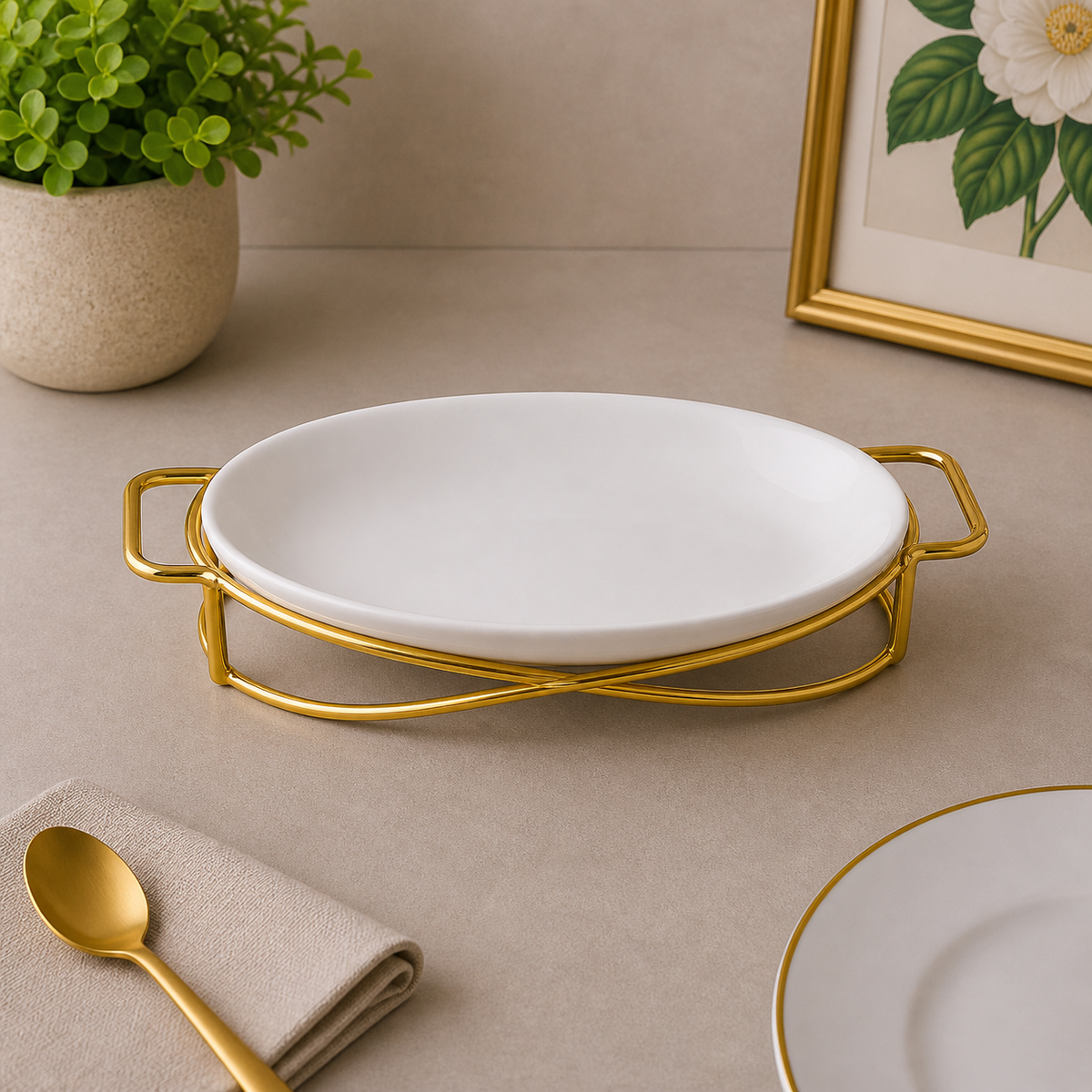Brilliant 10-Inch Oval Ceramic Serving Dish with Gold Metal Stand