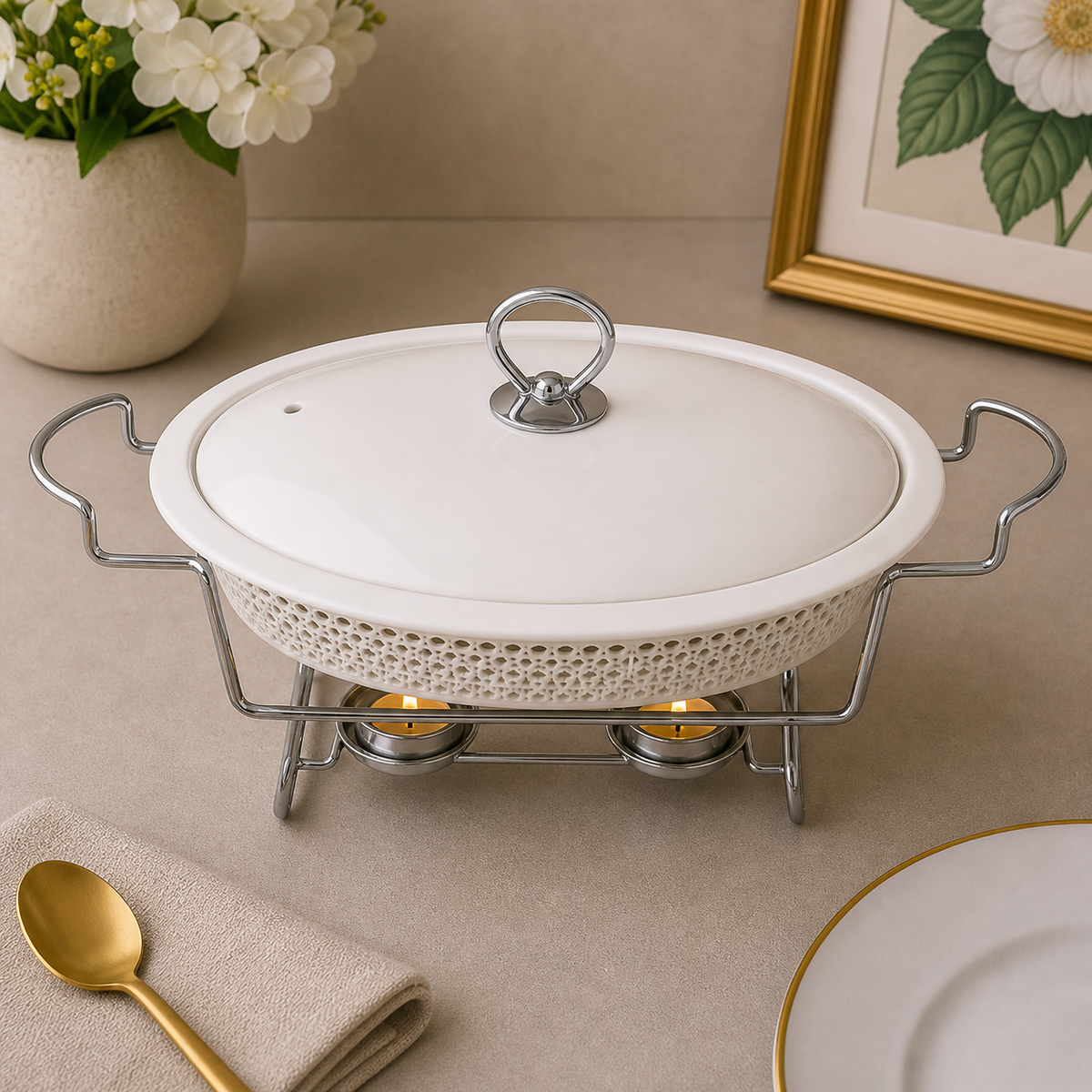 Brilliant 17-Inch Oval Ceramic Chafing Dish with Metal Candle Stand