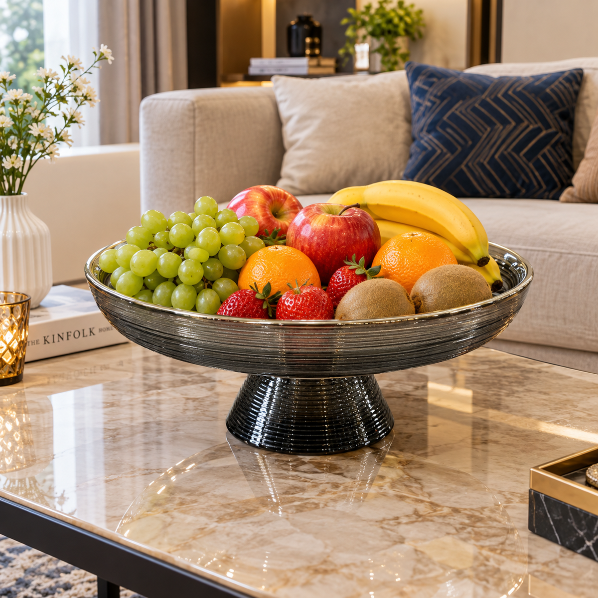 Danny Home Ribbed Glass Pedestal Fruit Bowl – 9.8 & 13 Inches