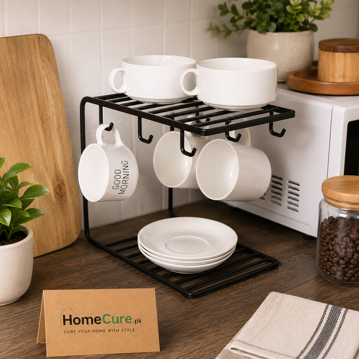 2-Tier Mug Tree Stand with 6 Hooks | Metal Coffee Cup Holder & Kitchen Counter Organizer