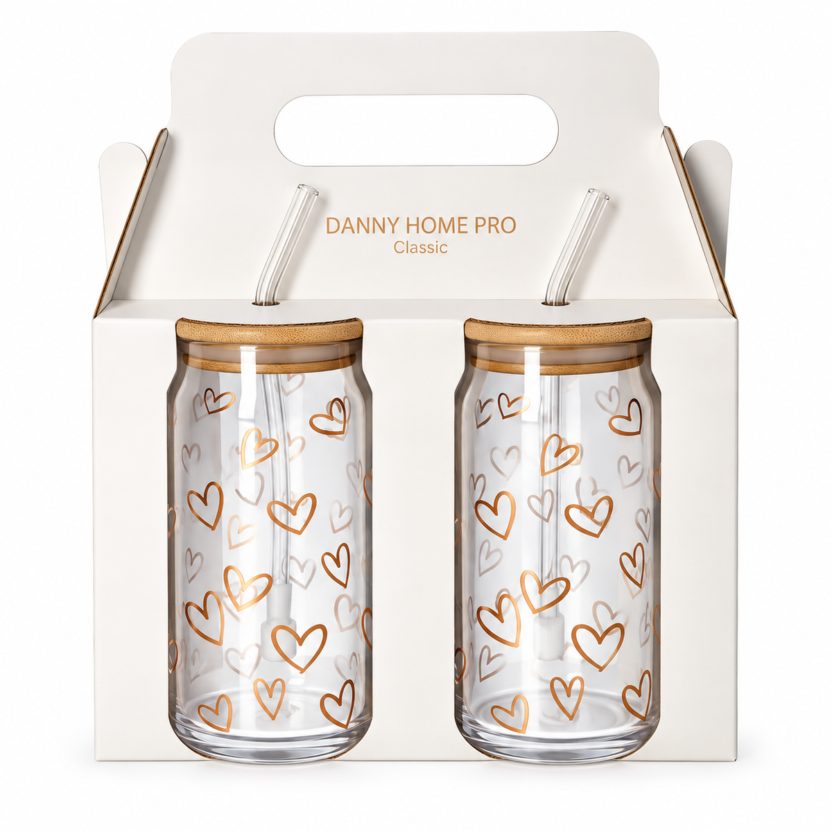 Danny Home Drinking Glass Cup 2pcs 500ml - Bronze Hearts Printed