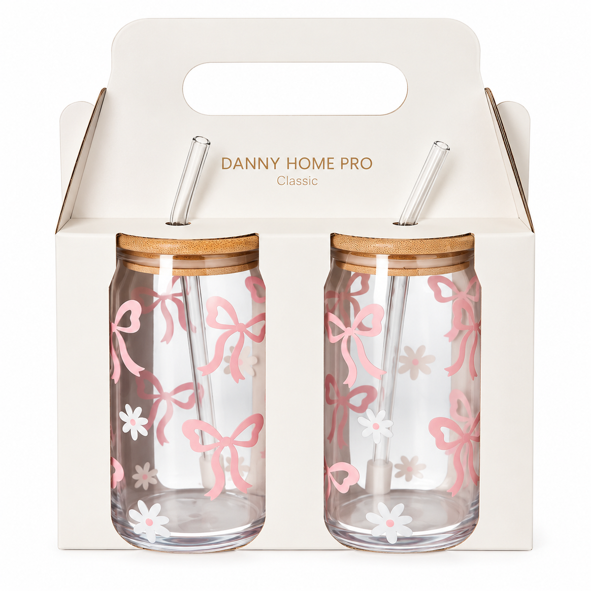 Danny Home Drinking Glass Cup 2pcs 500ml - Pink Bows & Floral