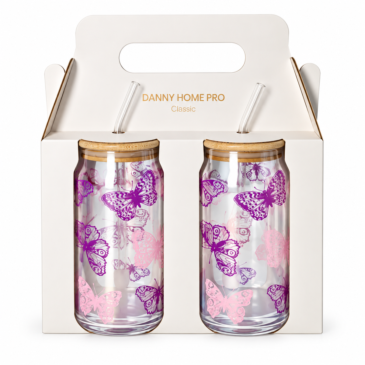 Danny Home Drinking Glass Cup 2pcs 500ml - Butterfly Printed