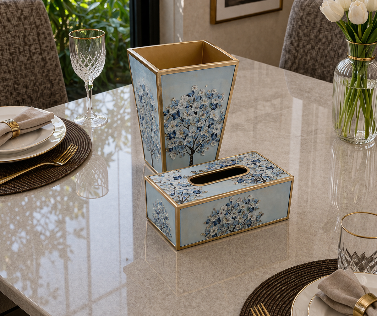 Angela Elegant Blue Blossom MDF Dustbin & Tissue Box Set