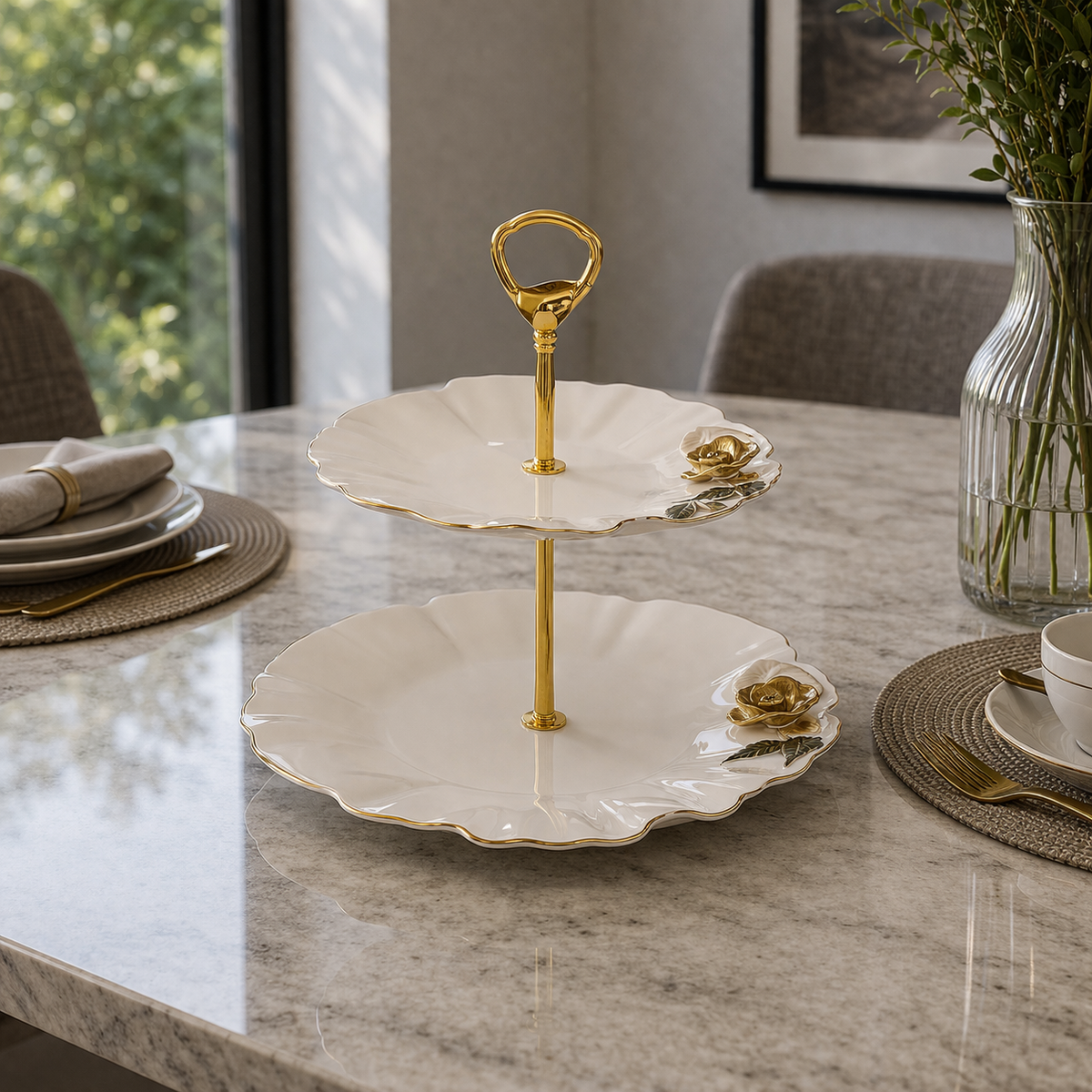 Angela Elegant Floral Gold-Tier Ceramic Cake Stand
