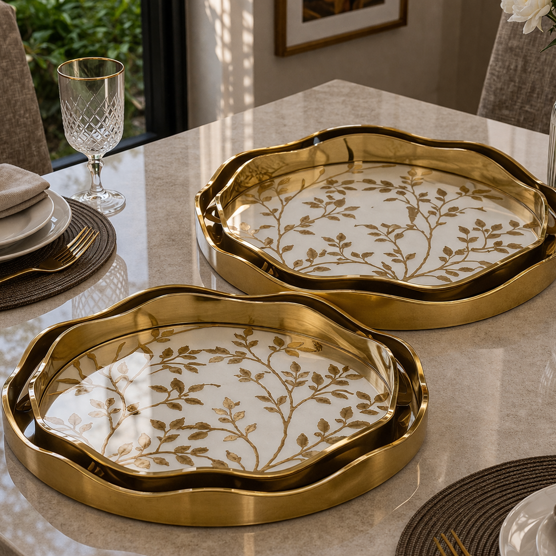 Angela Luxury Floral Gold Rim Metal Serving Tray Set