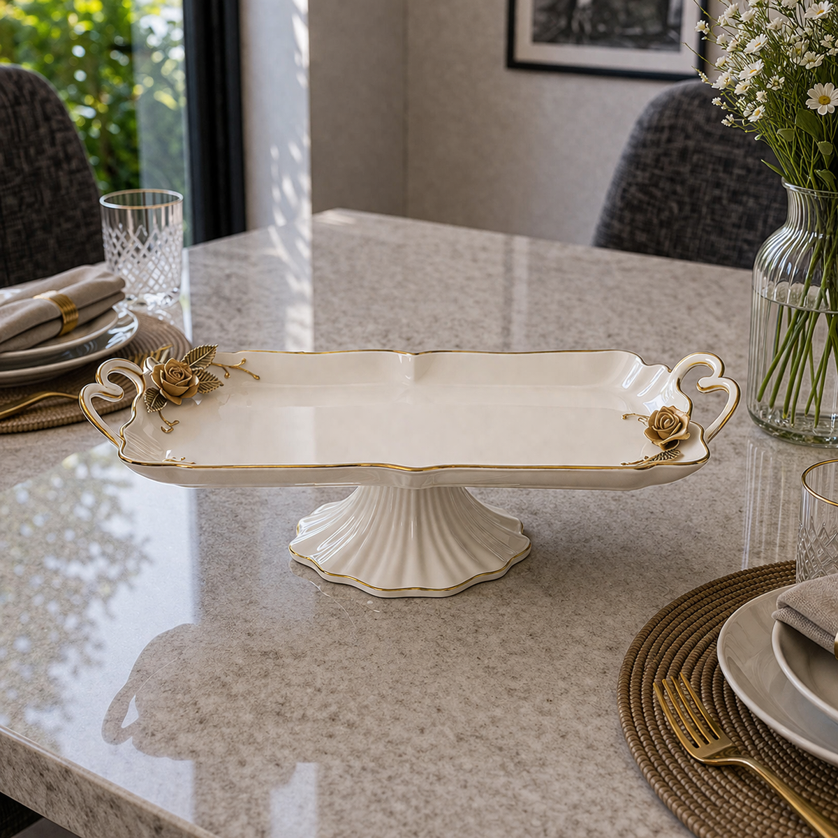 Angela Royal Floral Gold Accent Ceramic Pedestal Tray – 16 Inch