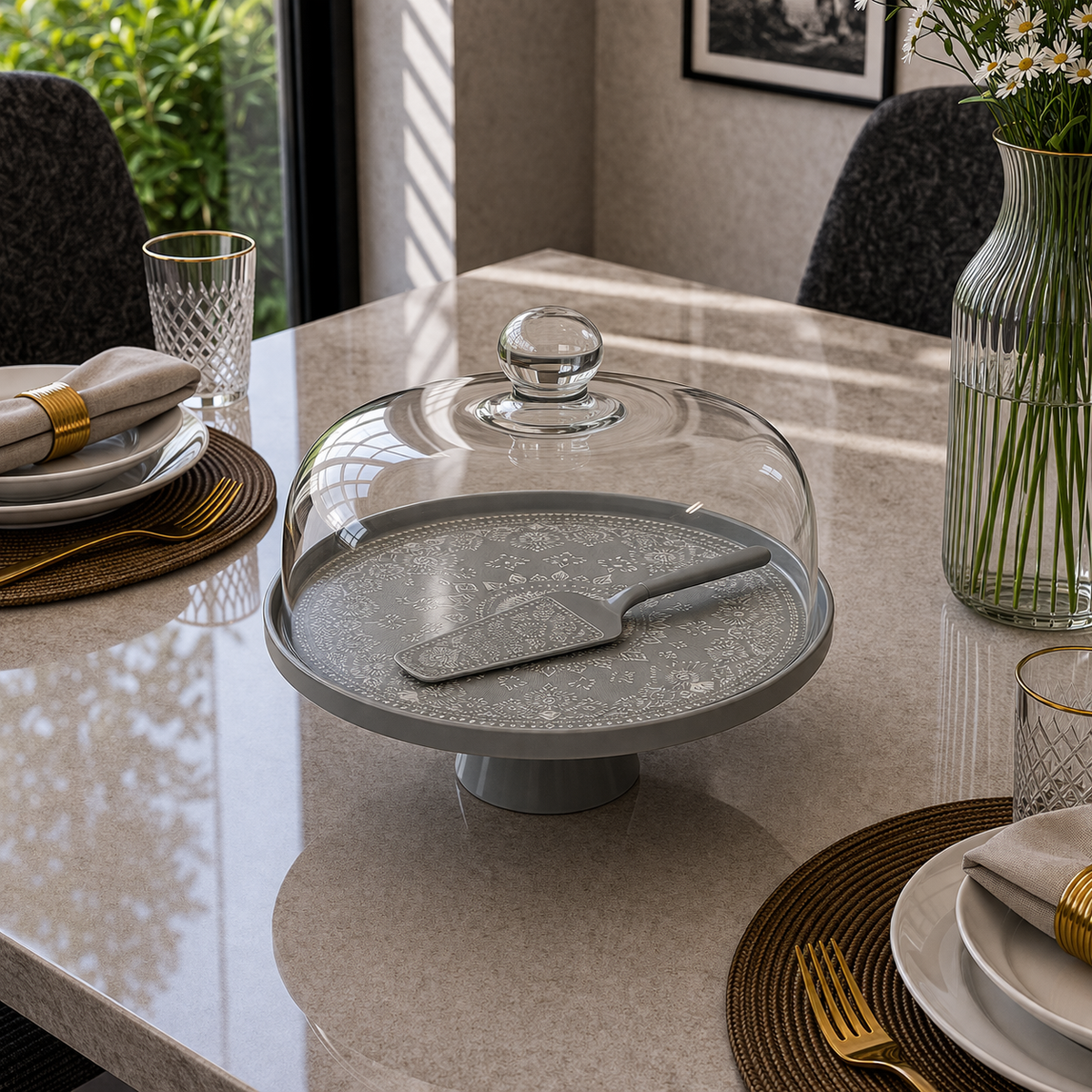 Angela Elegant Textured Grey Ceramic Cake Dome Set