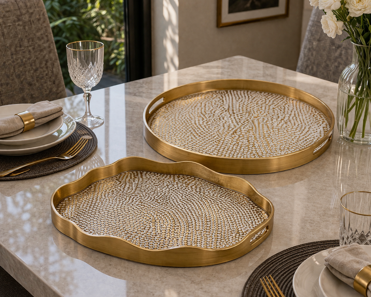 Angela Luxury Textured Gold Metal Serving Tray Set