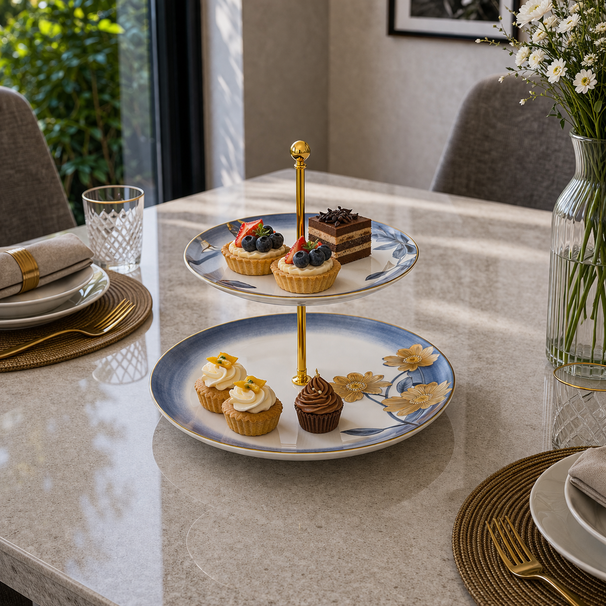 Angela Elegant Floral Gold-Tier Ceramic Pastry Stand