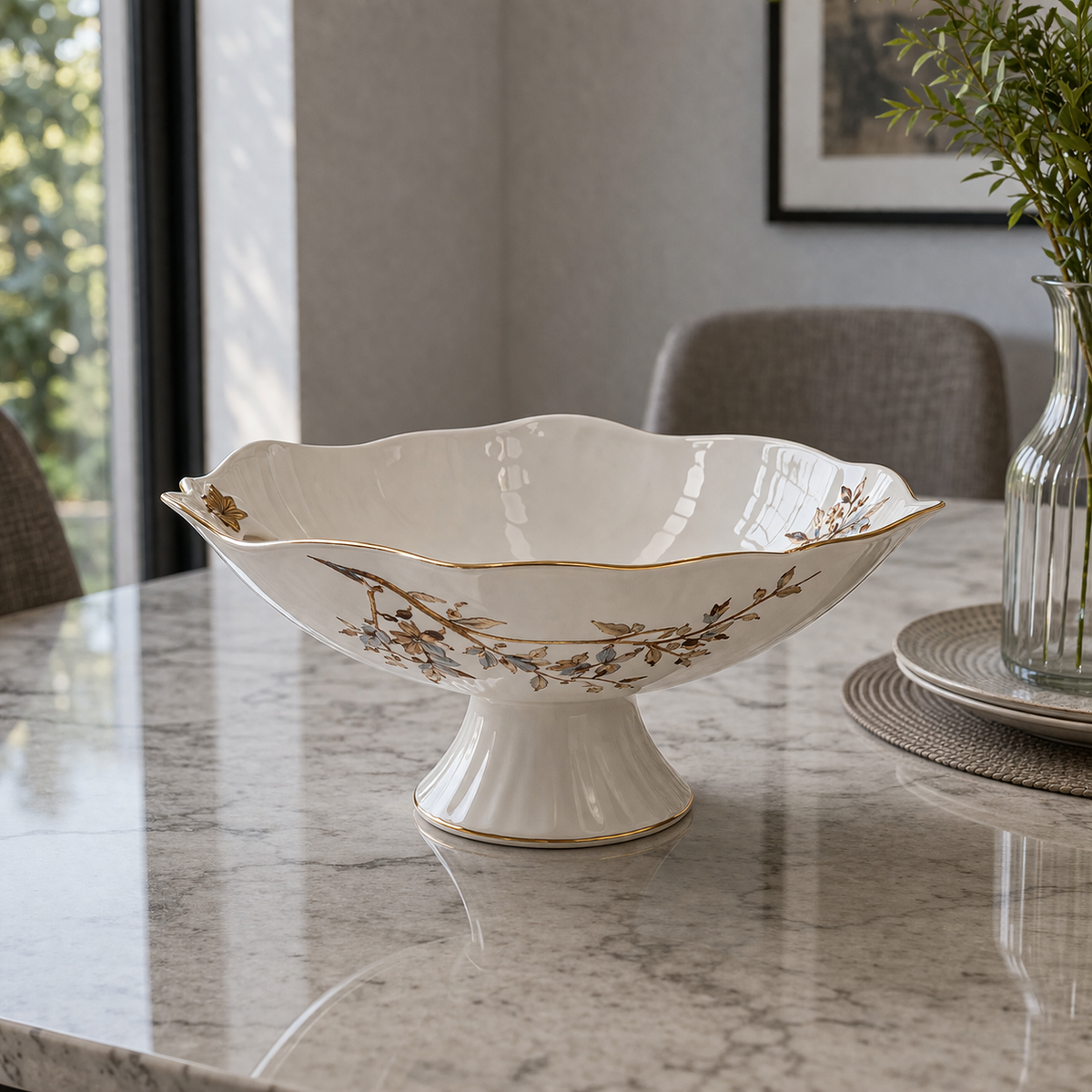 Angela Elegant Floral Gold-Rim Ceramic Fruit Bowl – 10.5 Inch