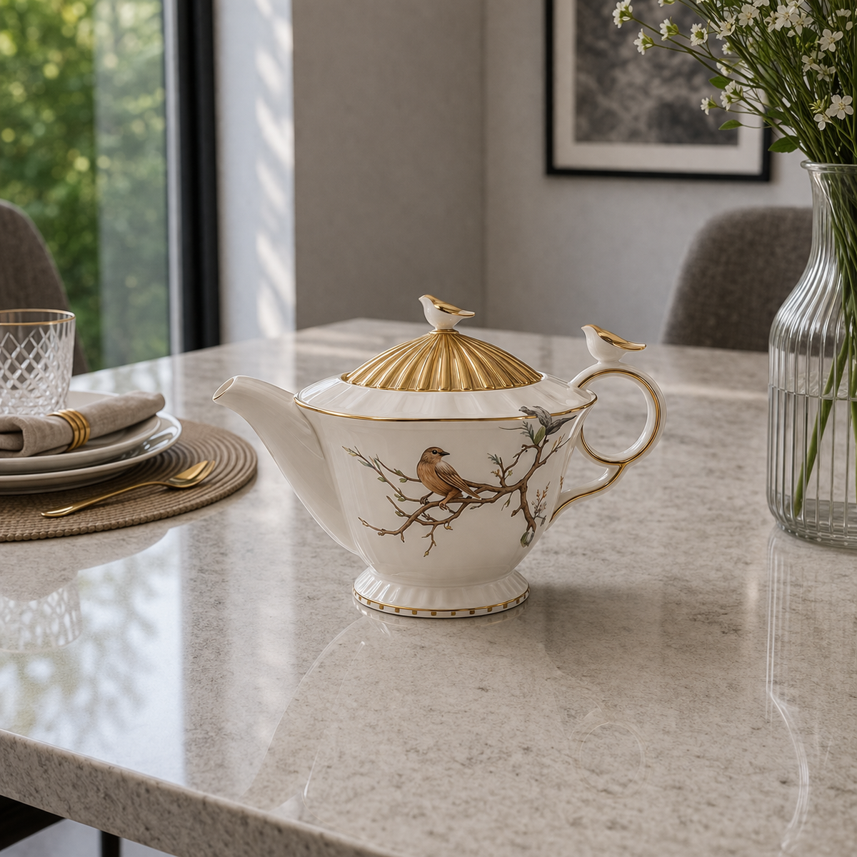 Angela Elegant Bird & Gold Accent Ceramic Teapot