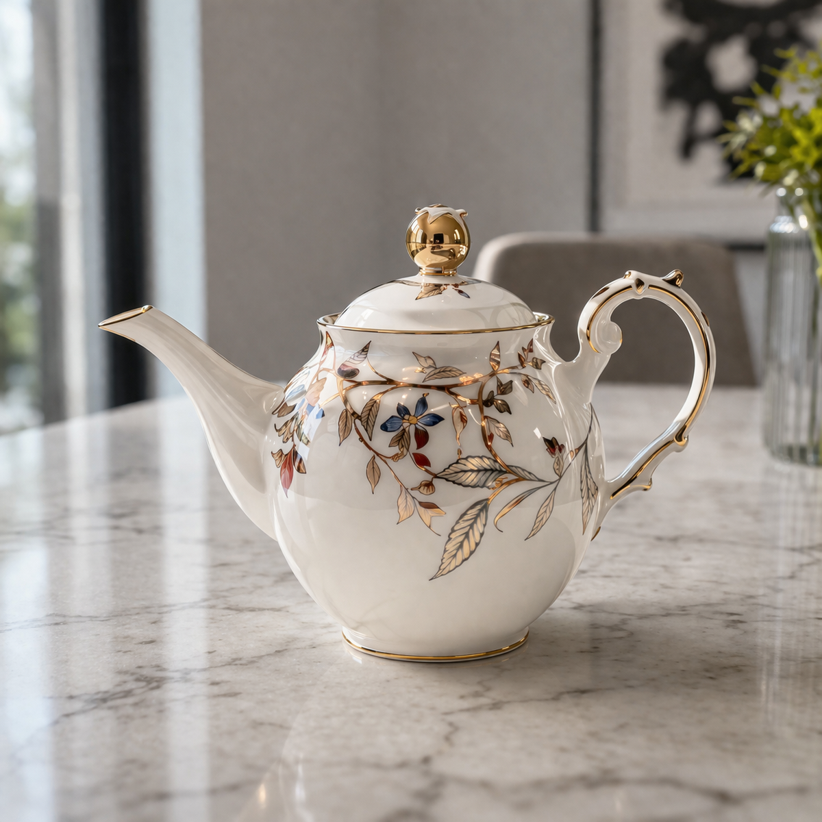 Angela Elegant Floral Gold-Line Ceramic Teapot