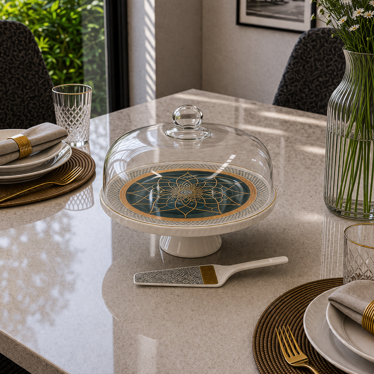 Angela Luxury Green & Gold Geometric Ceramic Cake Dome Set