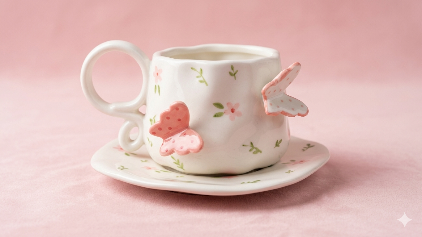 Cute Floral Butterfly Mug with Saucer – 310ml Tea Cup